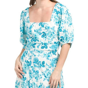 Band of The Free Puff Sleeve Square Neck Floral Crop‎ Top - Size S - Blue - NWT